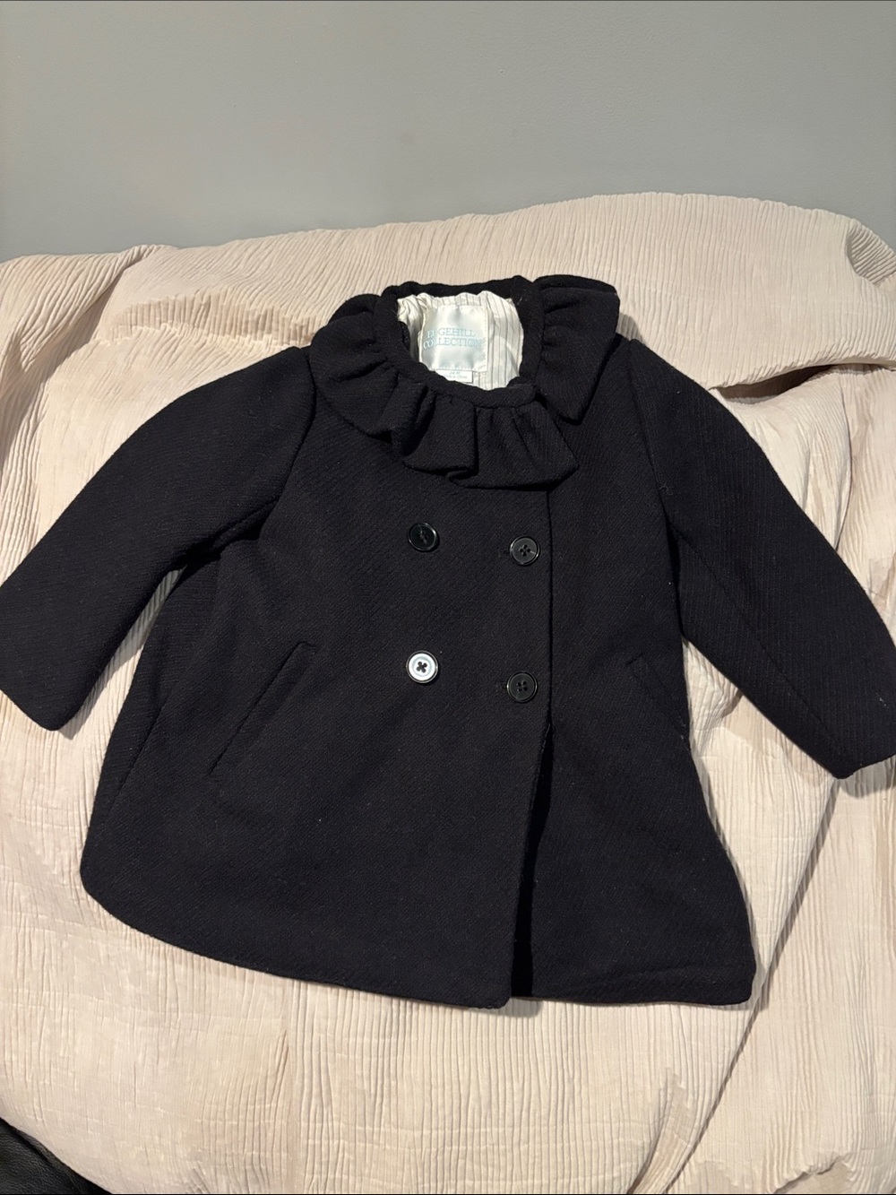 Edgehill Collection Black Ruffle-Collar Double-Breasted Pea Coat
